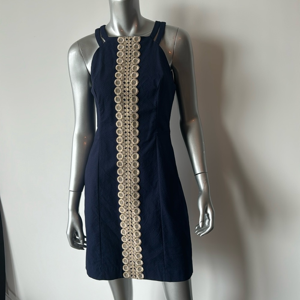 Navy blue with gold detailing shift dress